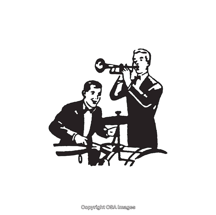 Black and White Illustration of Musicians Playing Drums and Trumpet
