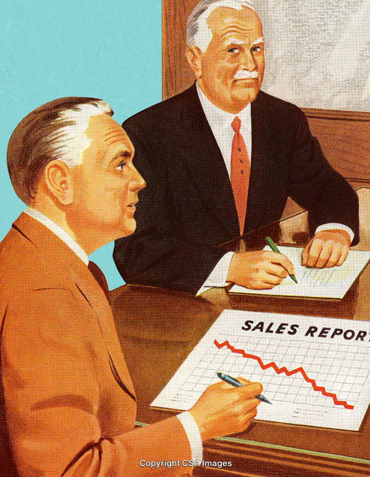 Two Businessmen Analyzing Declining Sales Data at a Meeting Table