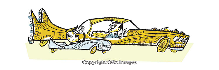 Quirky Illustrated Car With Stylized Characters in a Humorous Scene