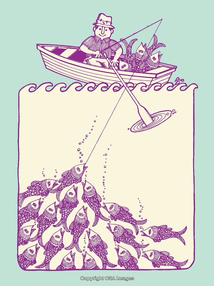 Illustration of Fishing with a Boat and School of Fish Below Surface