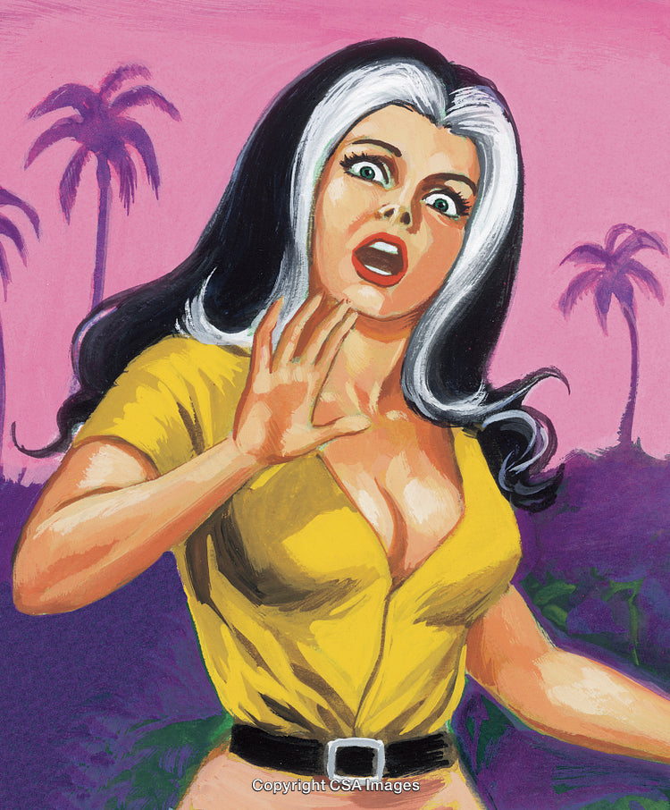 Illustration of a Surprised Woman in Vintage Style with Bold Colors