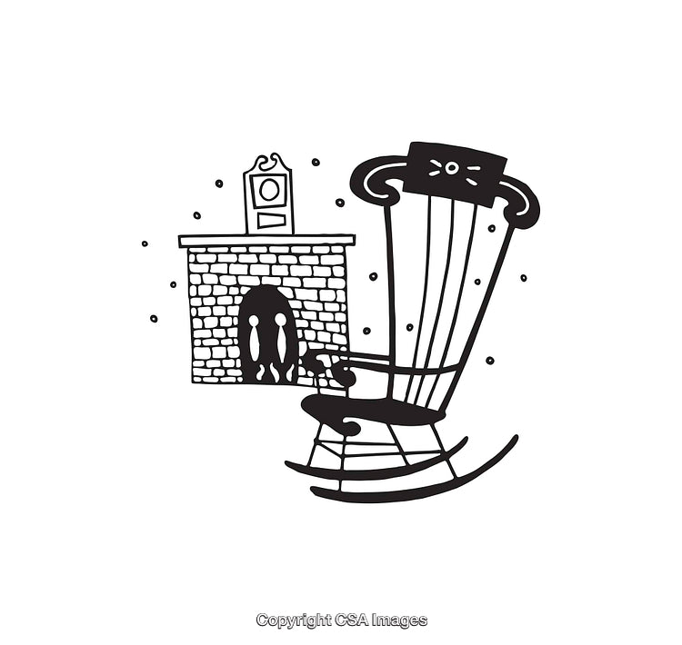 Cozy Indoor Scene with Rocking Chair and Fireplace Line Illustration