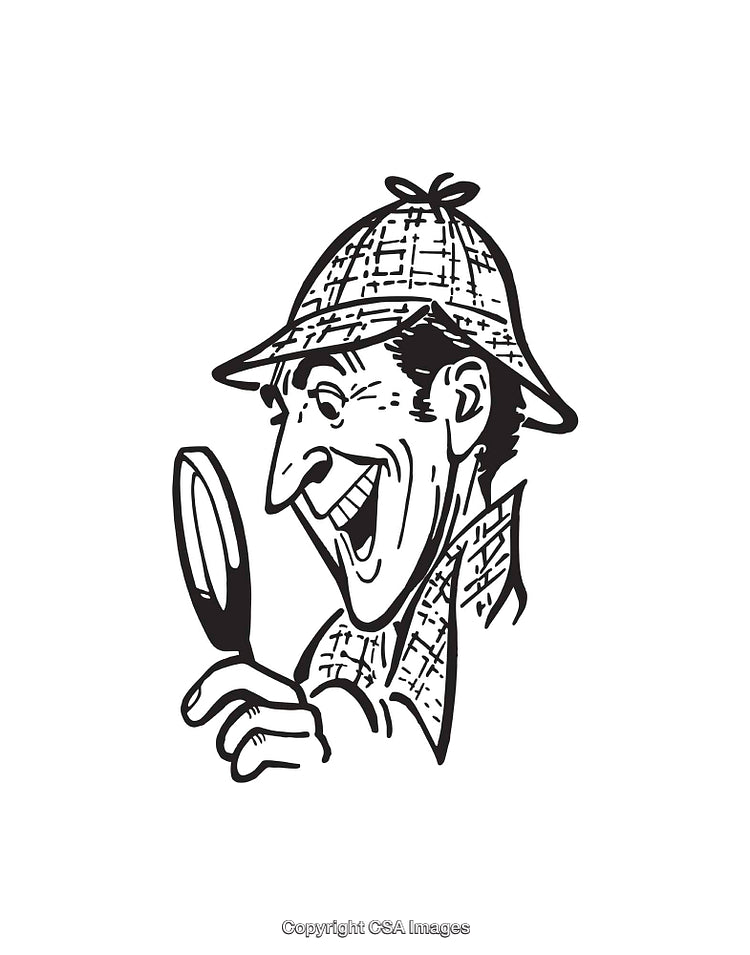 Black and White Line Art of Smiling Character Holding Magnifying Glass