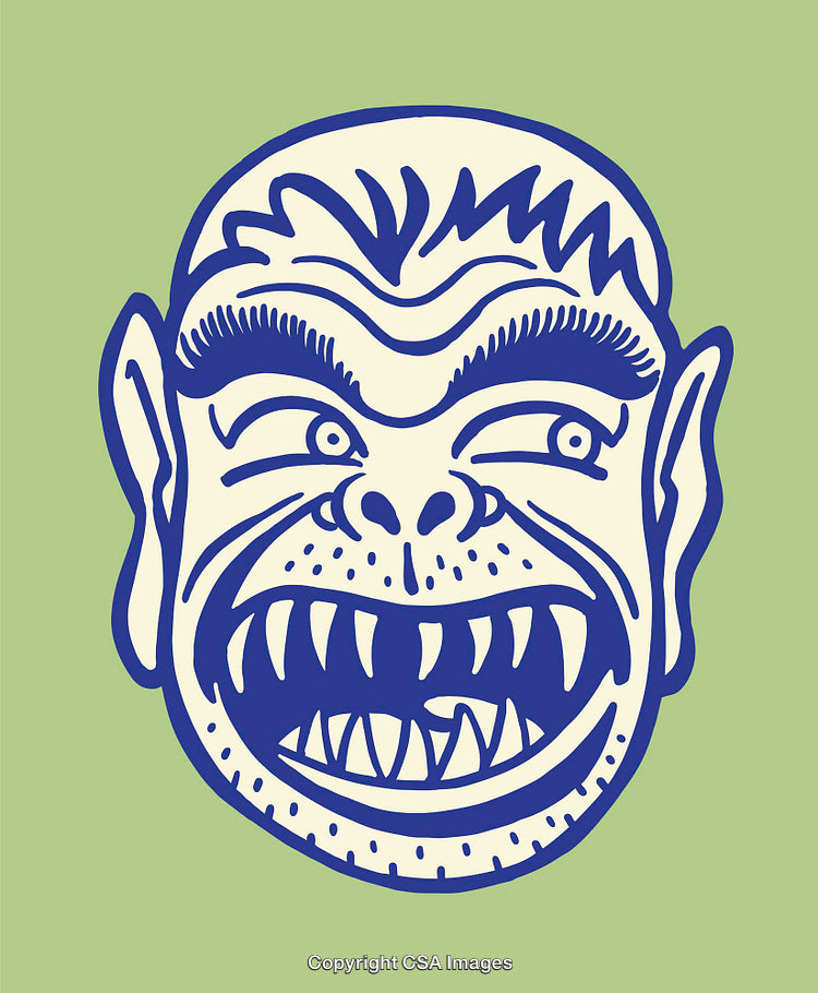 Colorful Line Art Illustration of a Comic Monster Face on Green Background