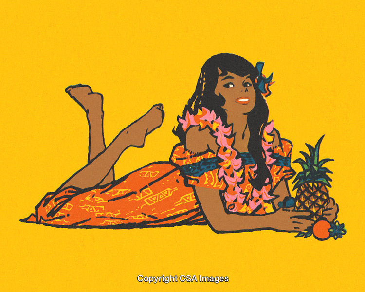 Illustration of Woman in Tropical Dress Holding Fruits with Hawaiian Vibe