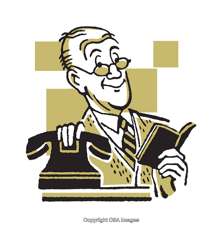 Vintage Illustration Featuring Man Holding Telephone and Reading a Book