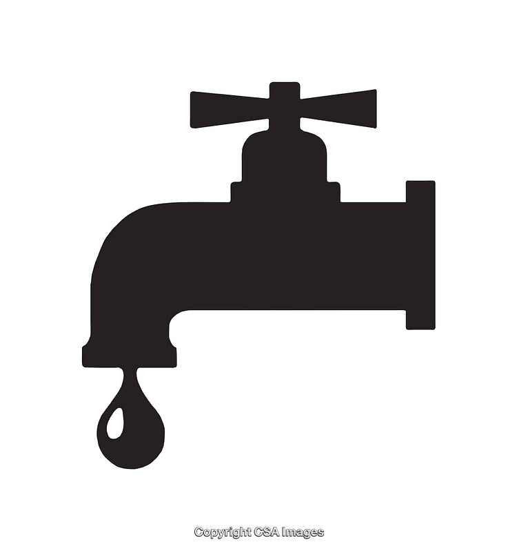 Black and White Illustration of a Water Faucet with Dripping Droplet