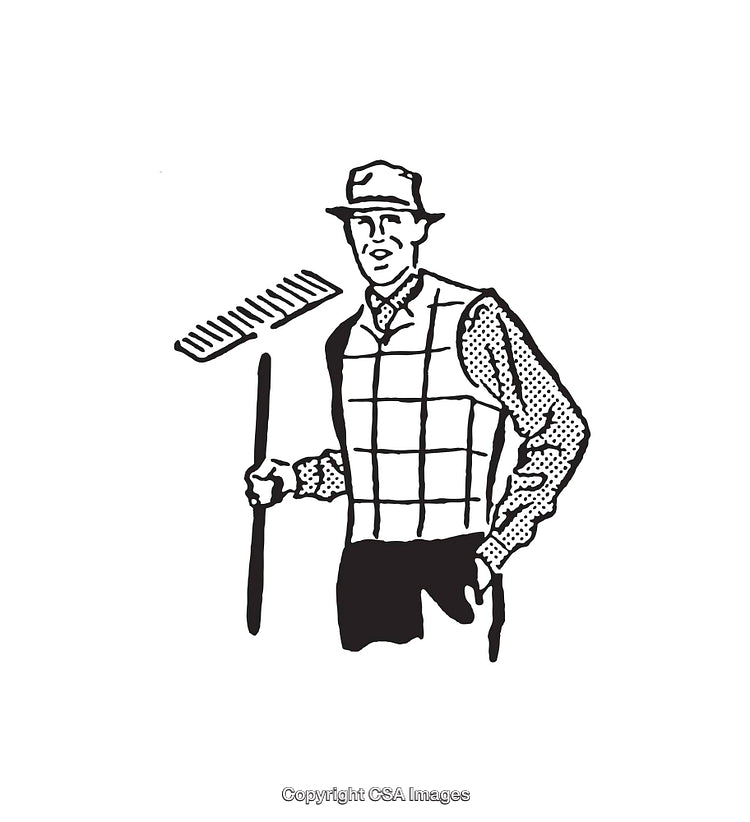 Black and White Line Art Illustration of a Man Holding a Garden Rake