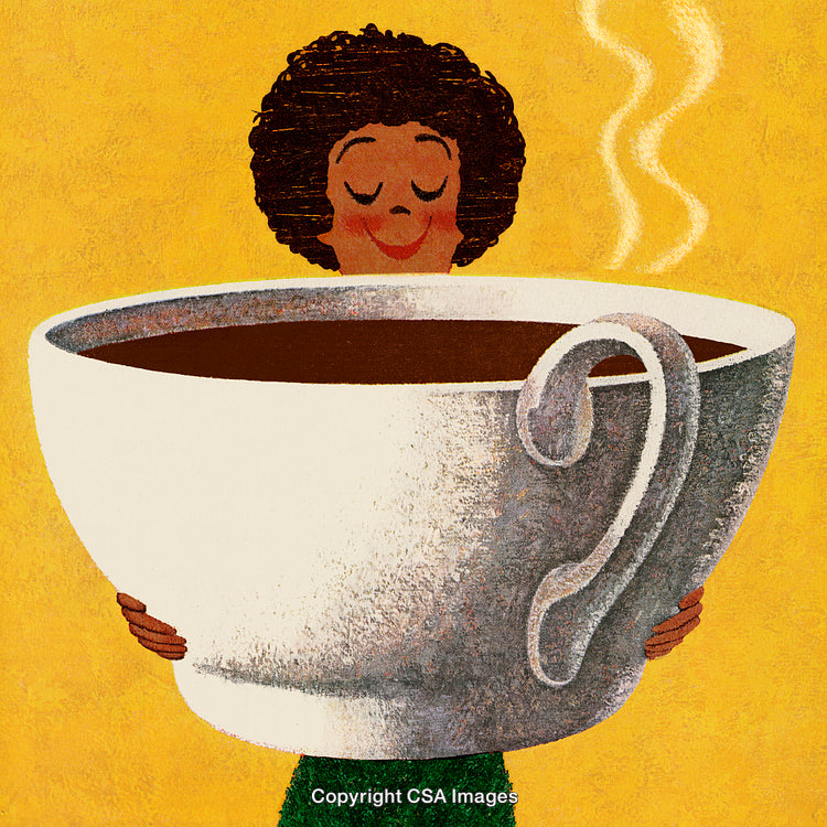 Whimsical Illustration of a Woman Cherishing a Gigantic Coffee Cup
