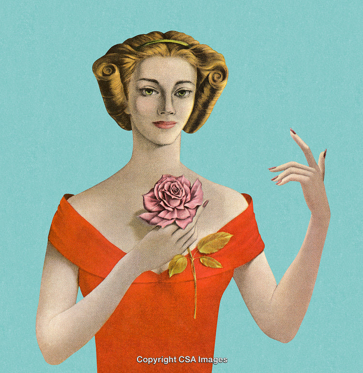 Elegant Vintage Style Woman Holding a Pink Rose on a Blue Background
