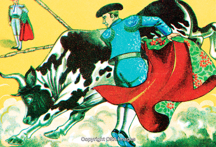 Traditional Bullfight Scene Illustrated in Bright and Vibrant Colors