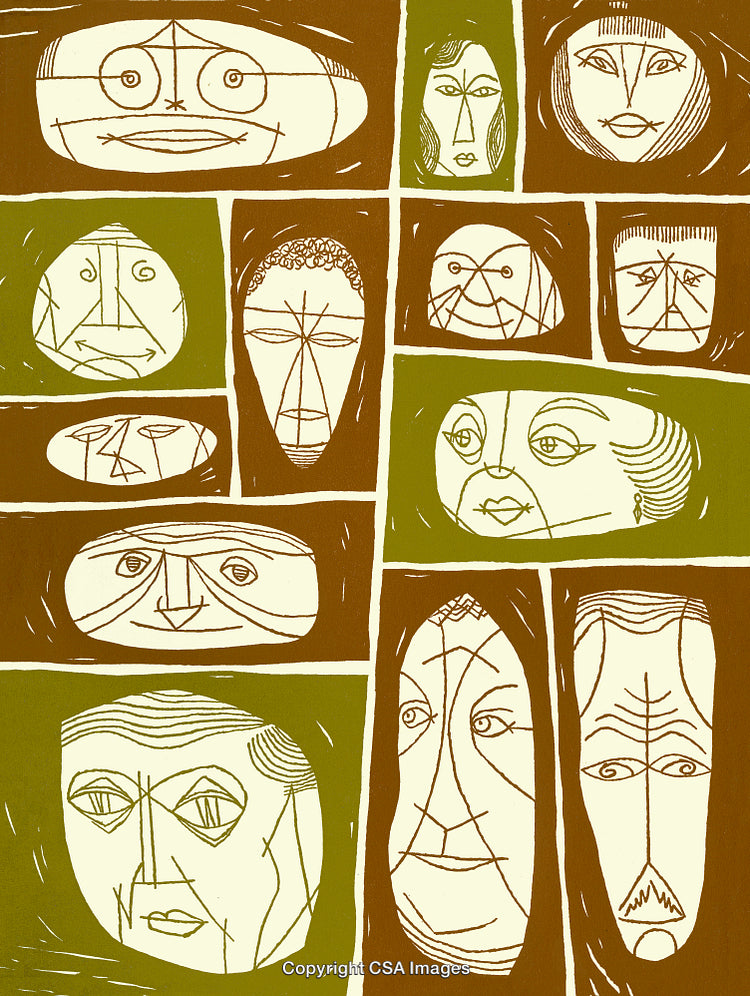 Abstract Artwork Featuring Geometric Facial Designs in Contrasting Earthy Tones