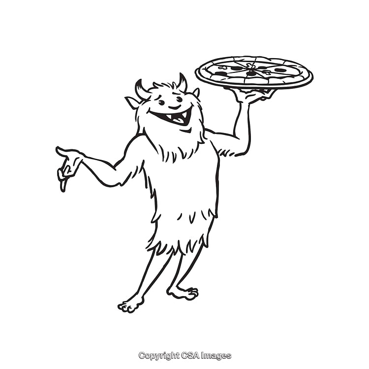 Cartoon Monster Holding Pizza in Black and White Line Art Illustration