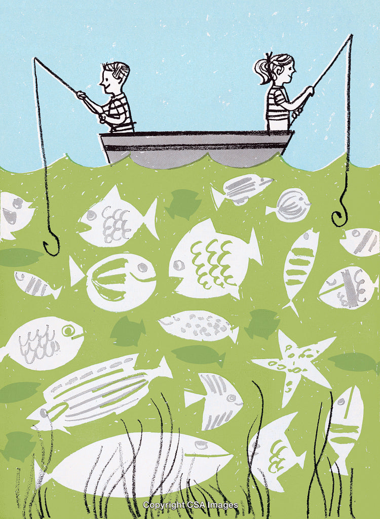 Children Fishing from a Boat Above a Sea Teeming with Colorful Fish