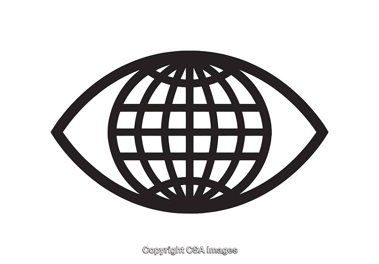Simple Black and White Globe Icon Incorporated into an Eye Shape
