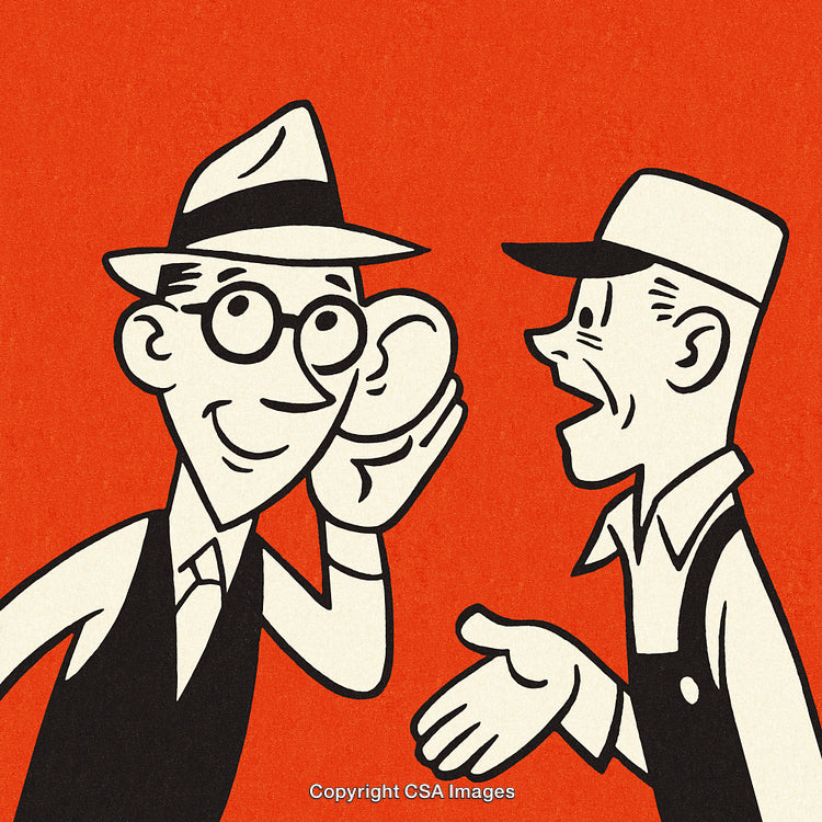 Retro Styled Illustration of Two Men Having a Conversation and Listening Carefully