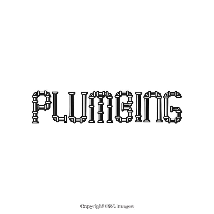 Plumbing Word Art Created with Intricate Pipe and Valve Designs in Black Outline