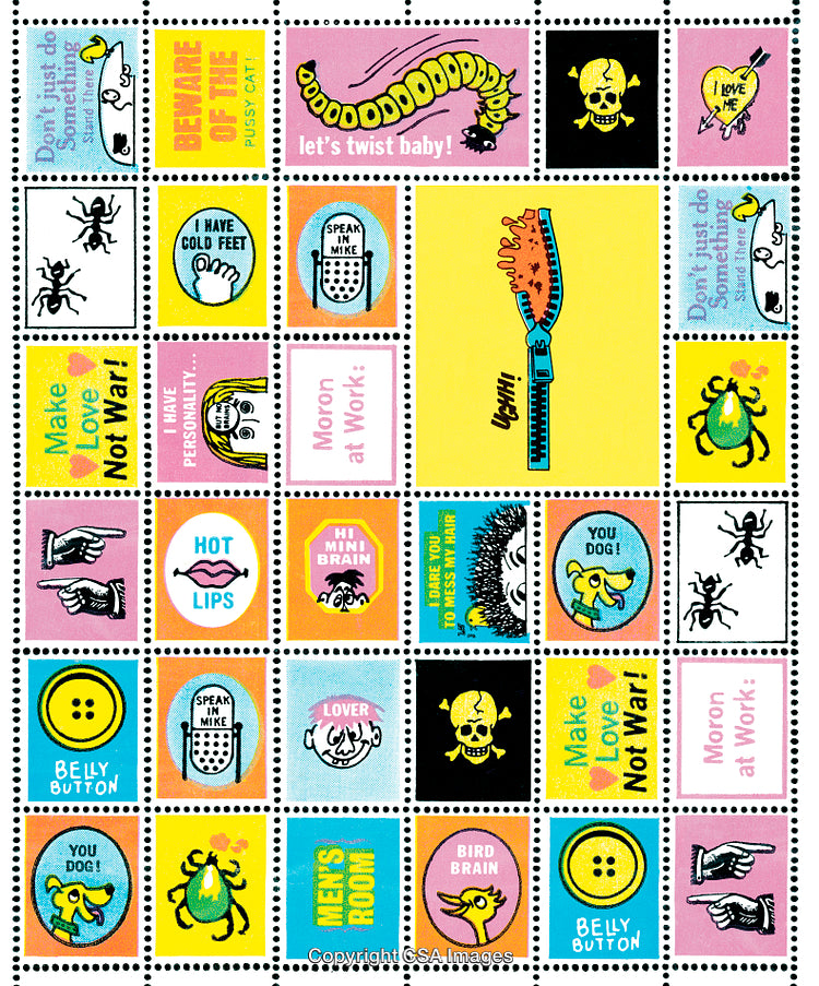 Colorful Retro Stickers With Funny Sayings and Illustrations on Vibrant Backgrounds