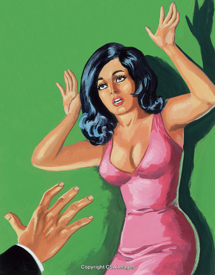 Dramatic Illustration of Woman in Distress with Bright Green Background