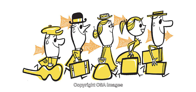 Retro Illustration of a Traveling Group with Luggage in Vibrant Yellow Shades