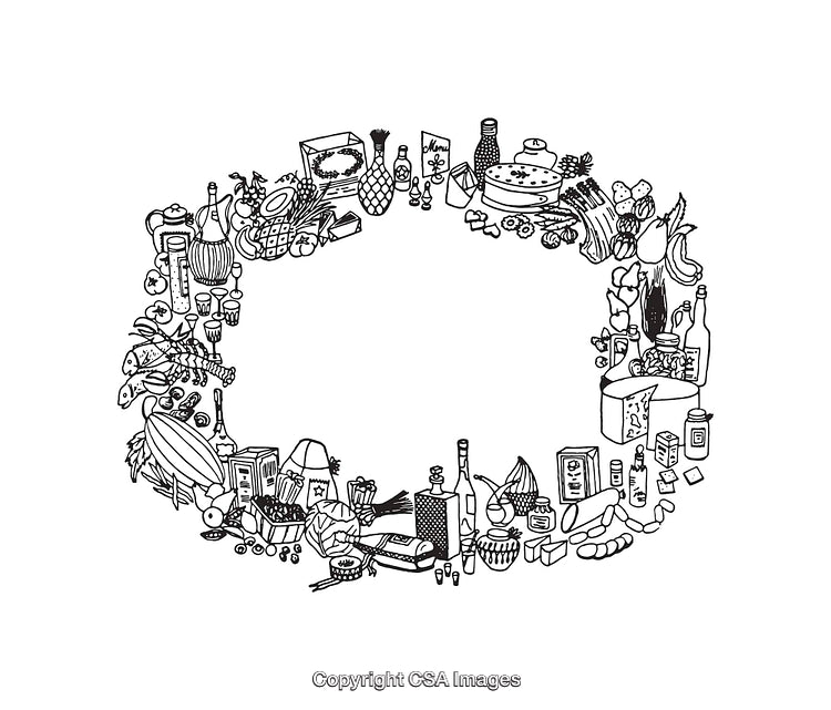 Hand-Drawn Border of Varied Food Items in Black and White