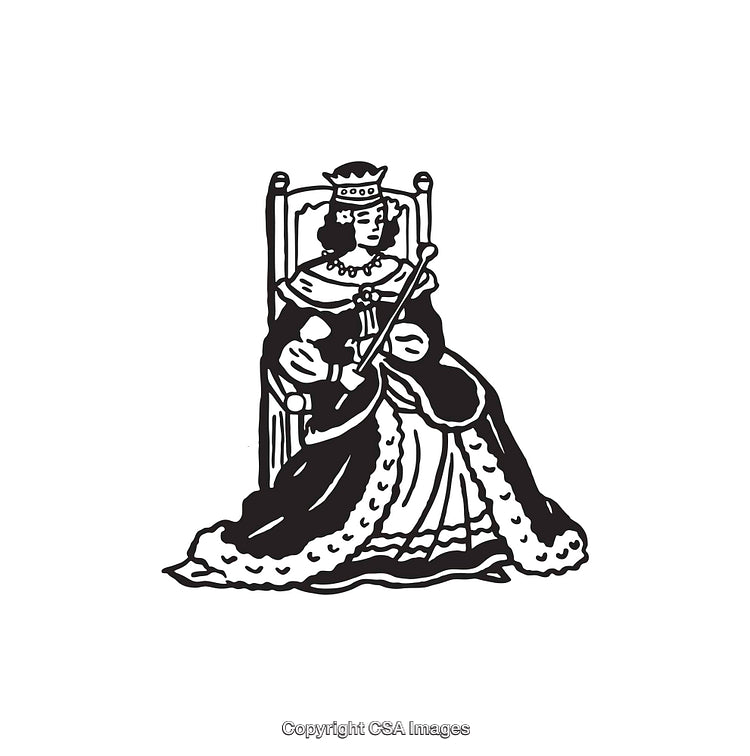 Black and White Line Art Illustration of a Regal Queen with Scepter