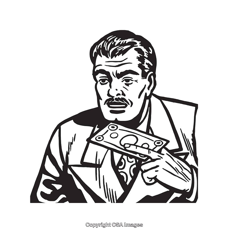 Retro Illustration of a Man Holding Paper Currency in Black and White Line Art