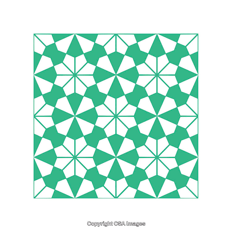 Green Geometric Pattern with Abstract Floral Motifs and Symmetrical Design