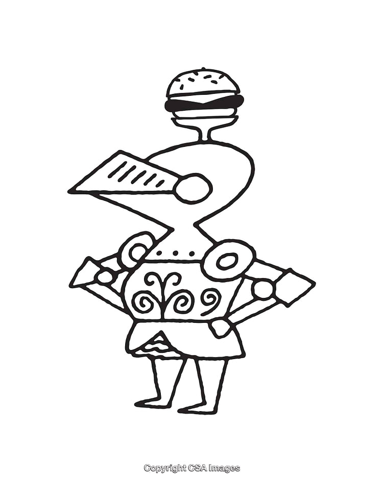 Whimsical Line Art Featuring a Burger-Headed Knight with Intricate Armor