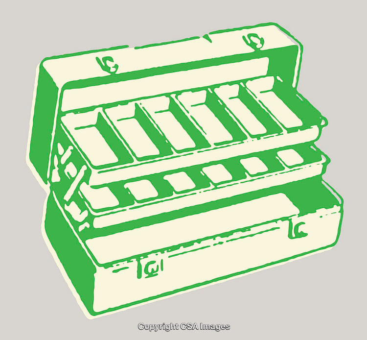 Line Art Illustration of a Vintage Green and White Toolbox