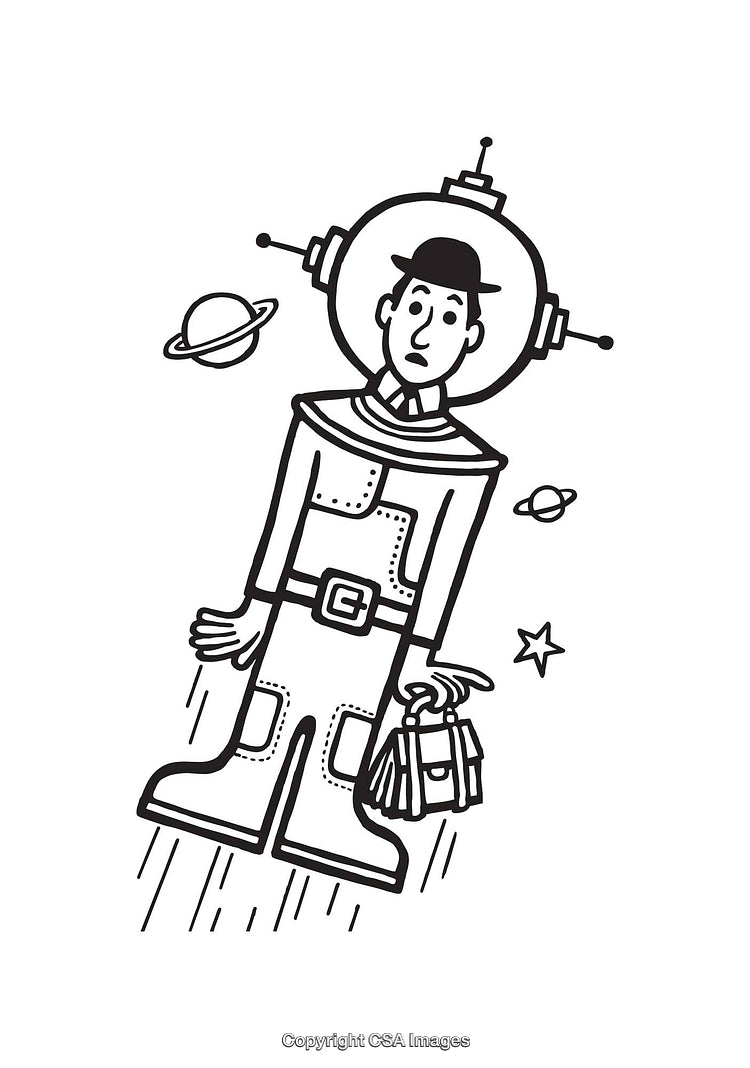 Astronaut Character with Briefcase in Outer Space Line Art Illustration