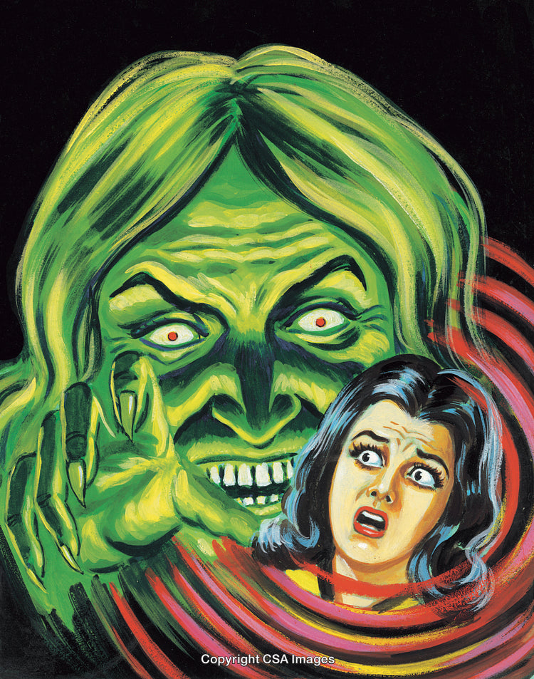Abstract Artwork Featuring a Green Monster and a Frightened Woman