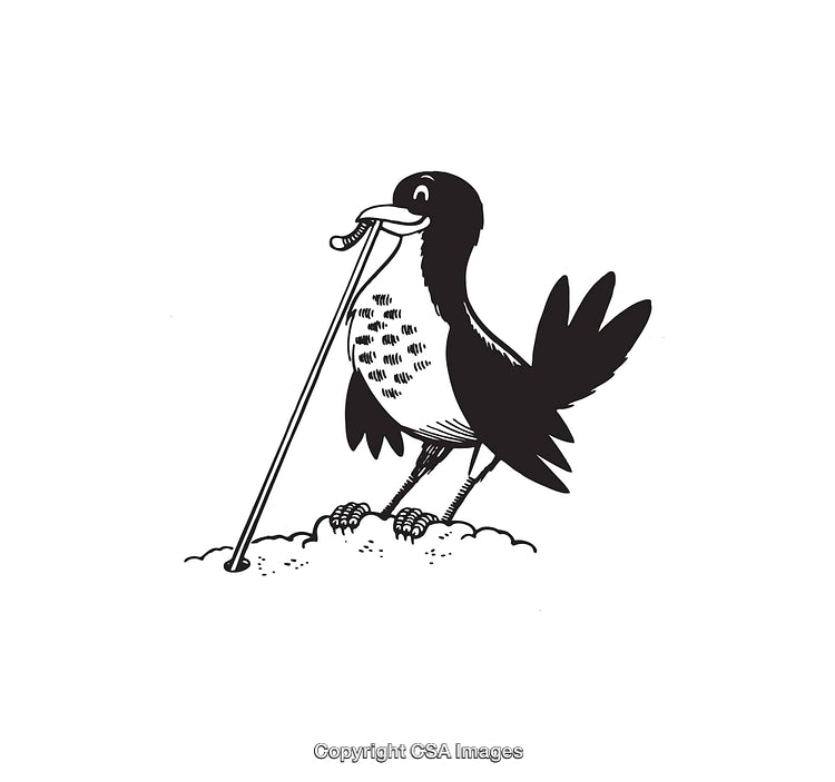 Black and White Illustration of a Bird Catching a Worm