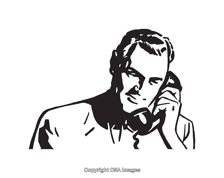 Black and White Line Art of a Man Talking on the Phone