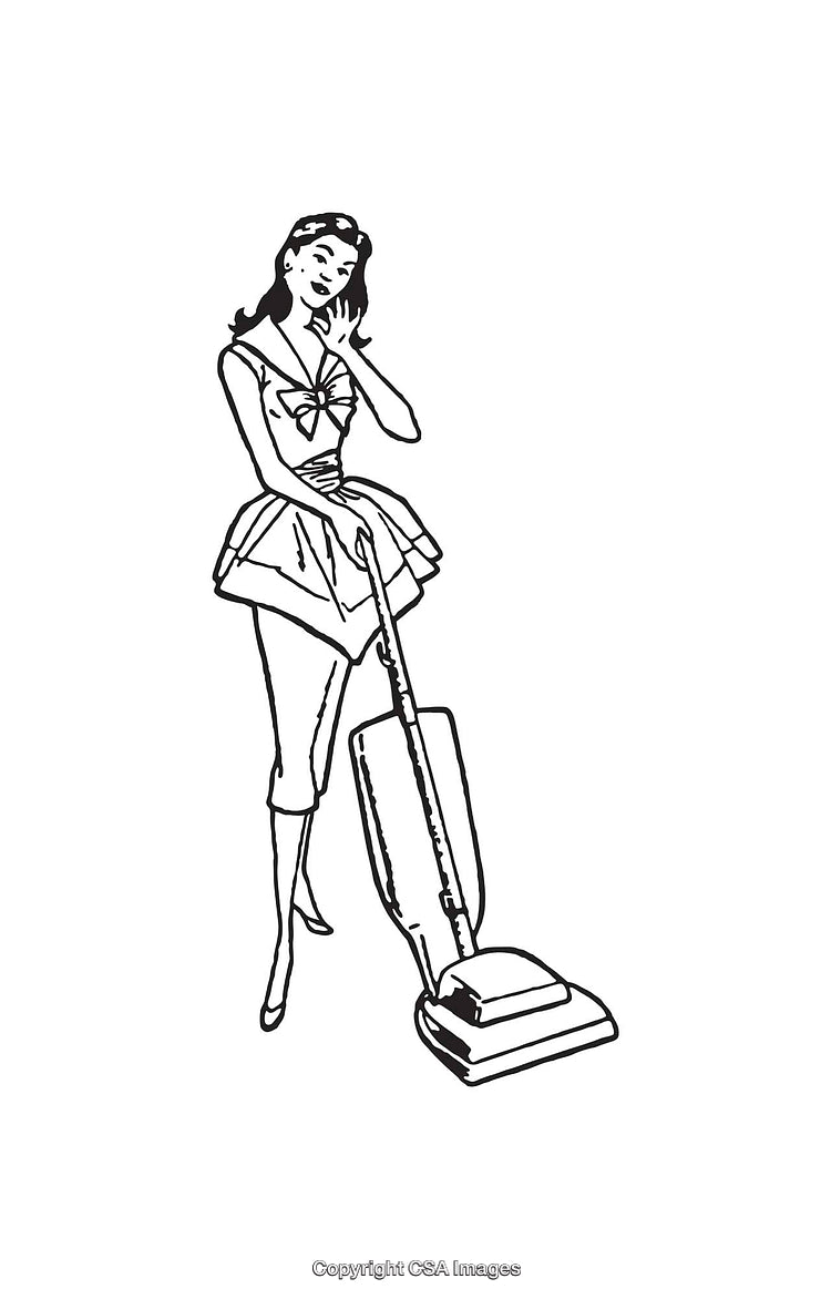 Retro Black and White Illustration of a Woman Vacuuming at Home