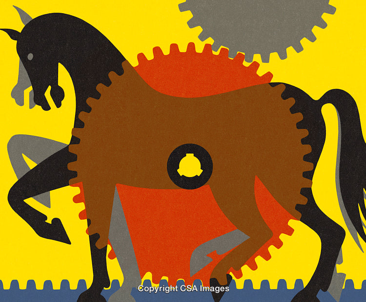 Abstract Horse Illustration Integrating Mechanical Gears and Motion in Bold Colors