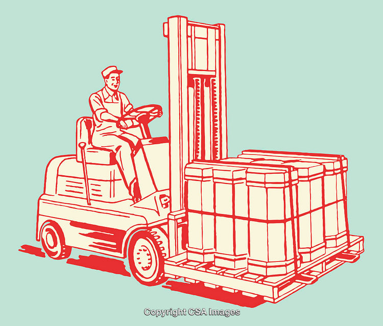 Illustration of Forklift Operator Handling Shipping Pallets in Red and Green