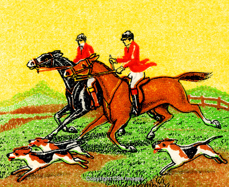Vintage Illustration of Horse Riders and Hunting Dogs in Action