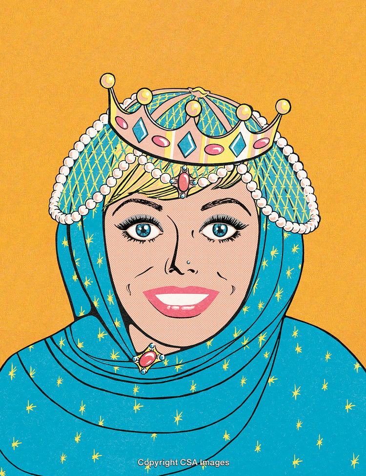 Colorful Pop Art Illustration of a Smiling Woman Wearing a Crown