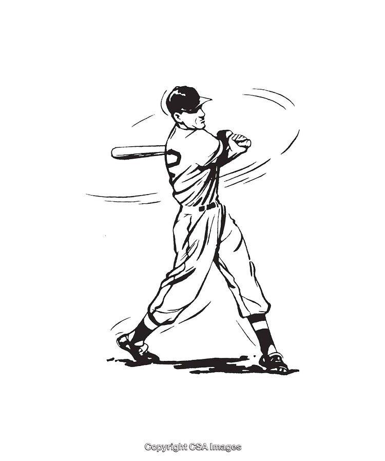 Vintage Black and White Line Art of a Baseball Player Swinging Bat