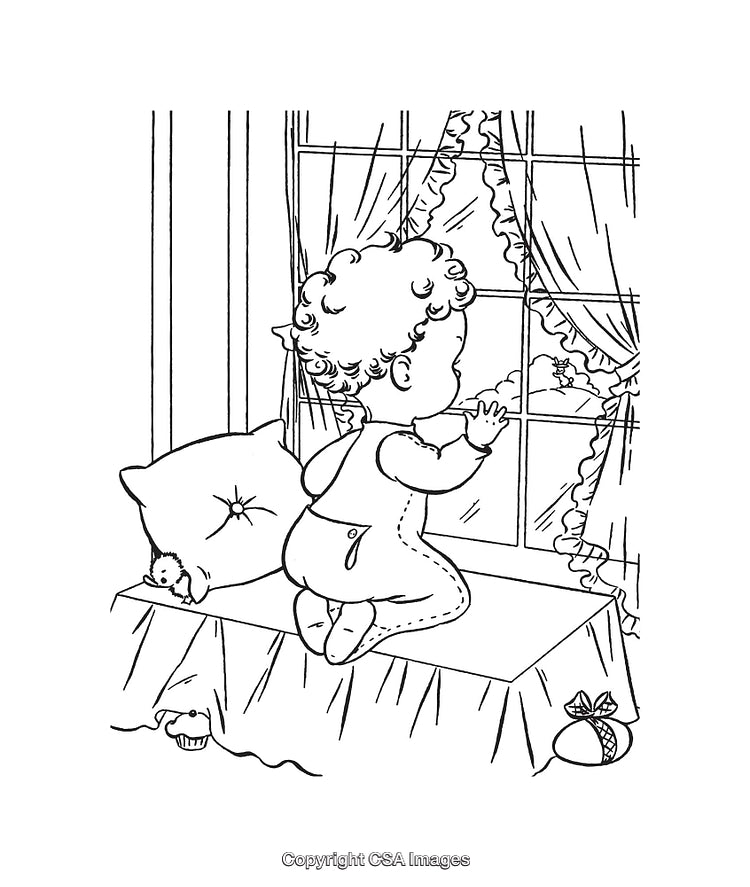 Child Looking Out a Window in a Cozy Line Art Drawing