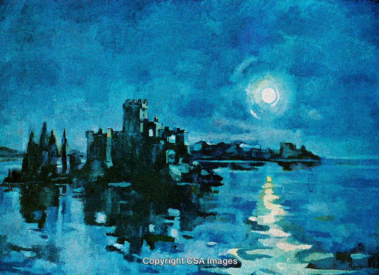 Mystical Castle by Moonlight Reflecting on Calm Waters in a Dreamy Scene