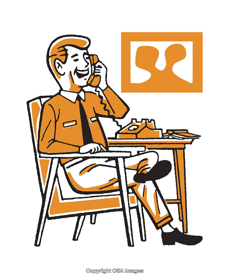 Vintage Businessman Talking on Phone in a Retro Office Illustration