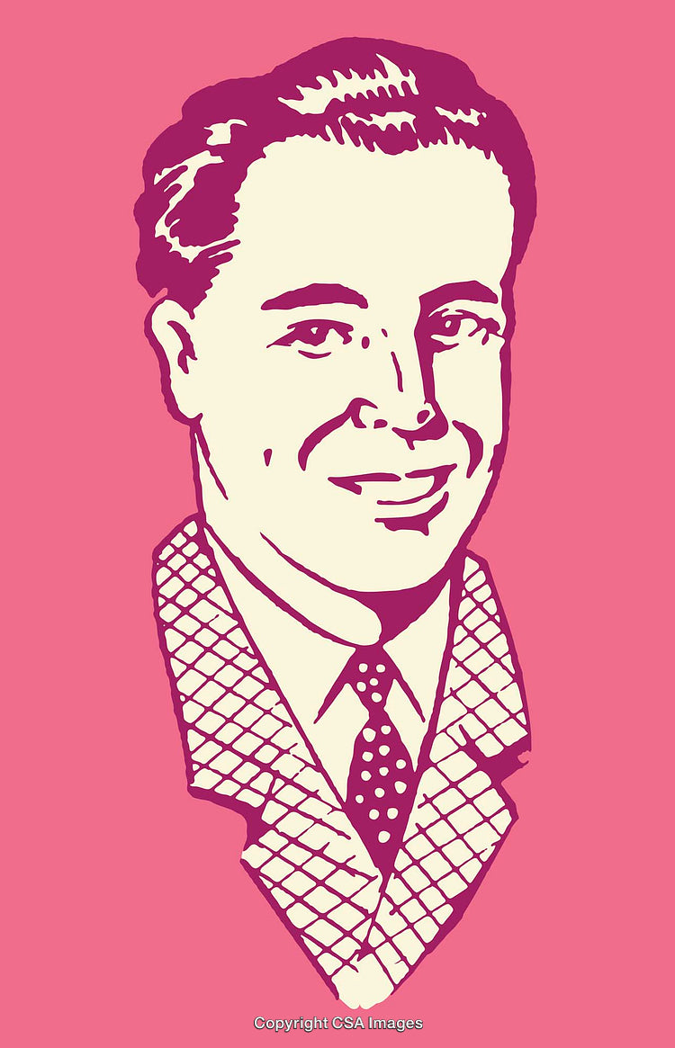 Vintage Line-Art Illustration of Cheerful Man on Pink Background