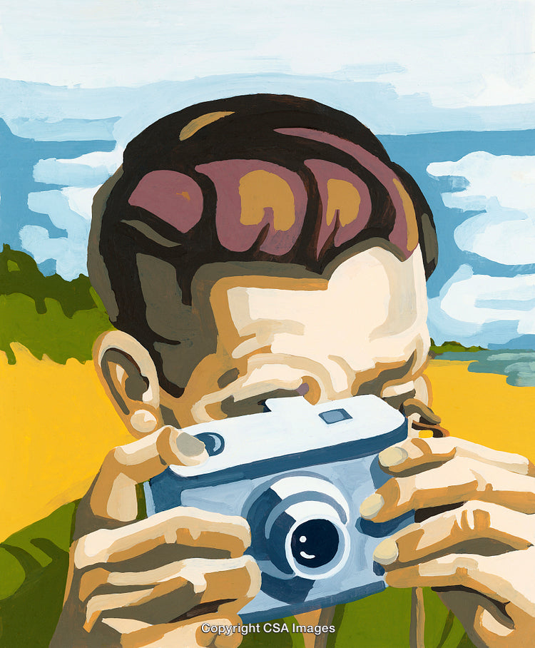 Artistic Illustration of a Person Capturing a Scenic View with a Camera