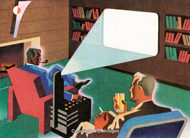 Retro Illustration of Two Men Relaxing in a Private Home Theater Setting