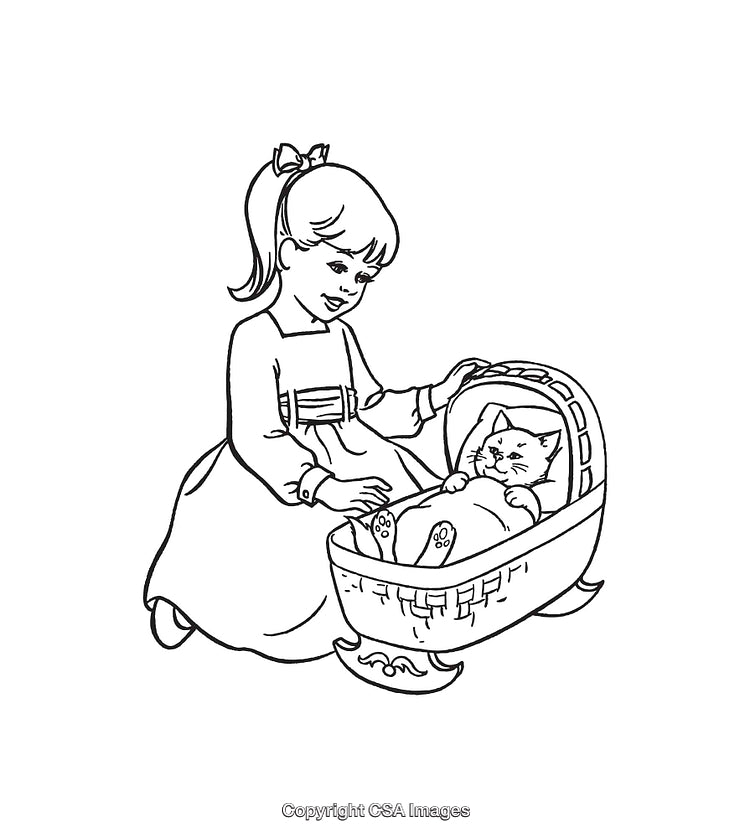 Line Art Depicting a Girl with a Cat in a Basket