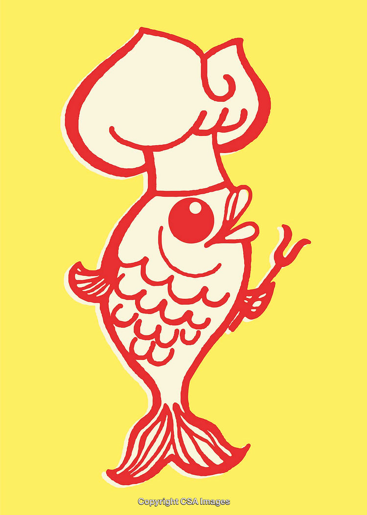 Whimsical Fish Chef Illustration on Yellow Background with Playful Line Art