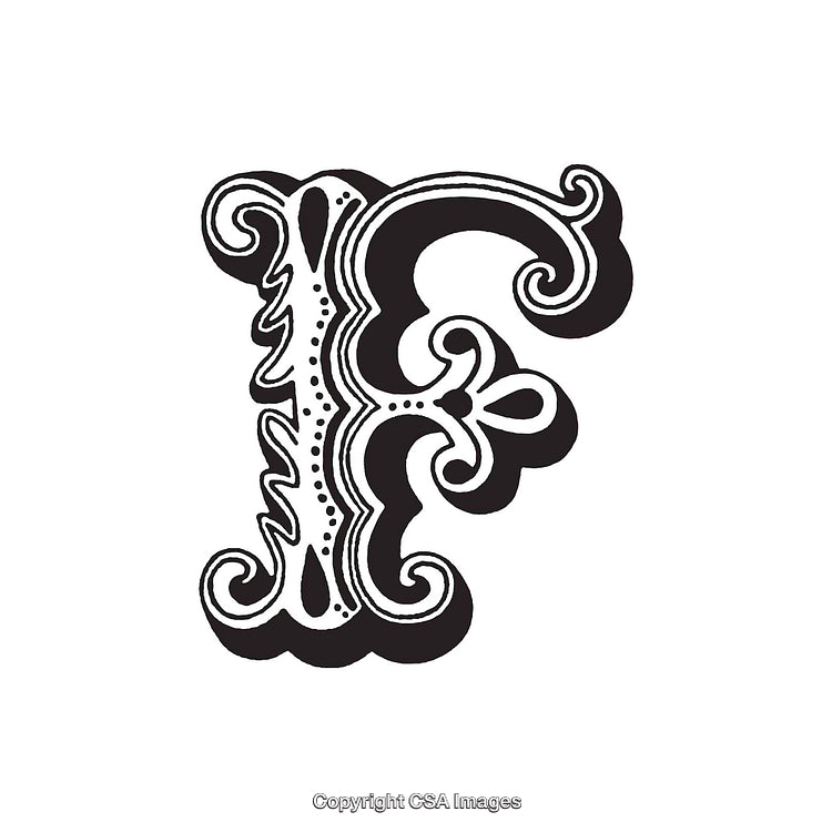 Ornate Black and White Letter F with Decorative Details