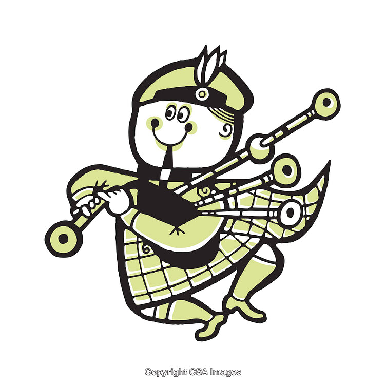 Cheerful Cartoon Figure Playing Bagpipes in Highland Costume Illustration